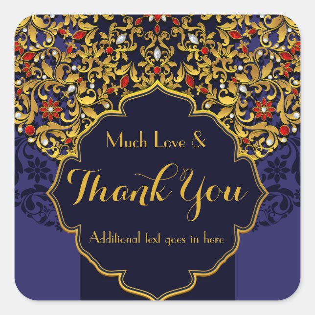 Jewelled Blue Red Gold Floral Custom Thank You Square Sticker (Front)