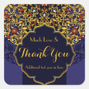 Jewelled Blue Red Gold Floral Custom Thank You Square Sticker