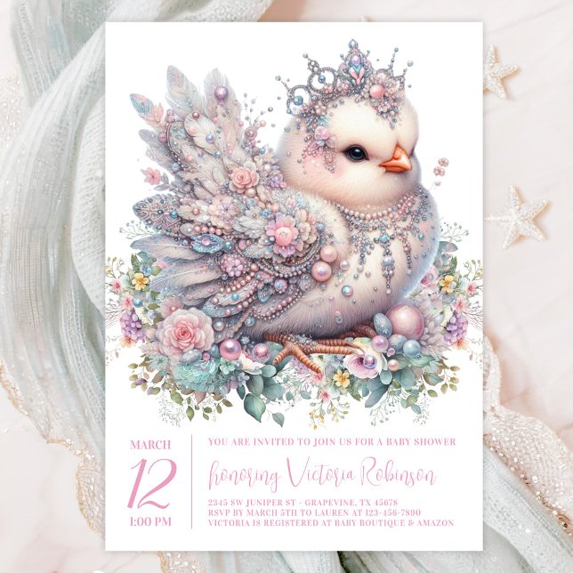 Jewelled Chick Baby Shower Invitation (Precious jeweled chick with crown on a pretty pastel floral background. )