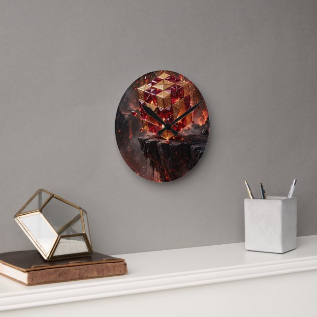 Jewelled Cube on the Volcanic Precipice Round Clock (Office)