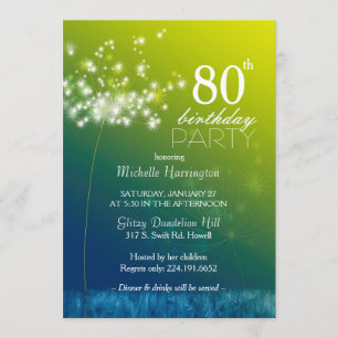 Jewelled Dandelion 80th Birthday Party Invitation