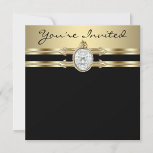 Jewelled Elegant Black Gold Womans Birthday Party Invitation