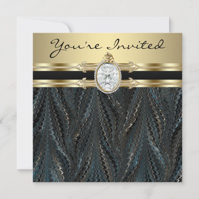 Jewelled Elegant Black Gold Womans Birthday Party Invitation (Front)