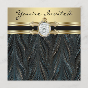 Jewelled Elegant Black Gold Womans Birthday Party Invitation