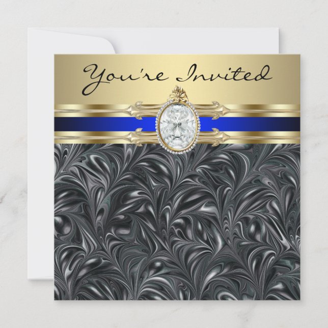 Jewelled Elegant Black Gold Womans Birthday Party Invitation (Front)