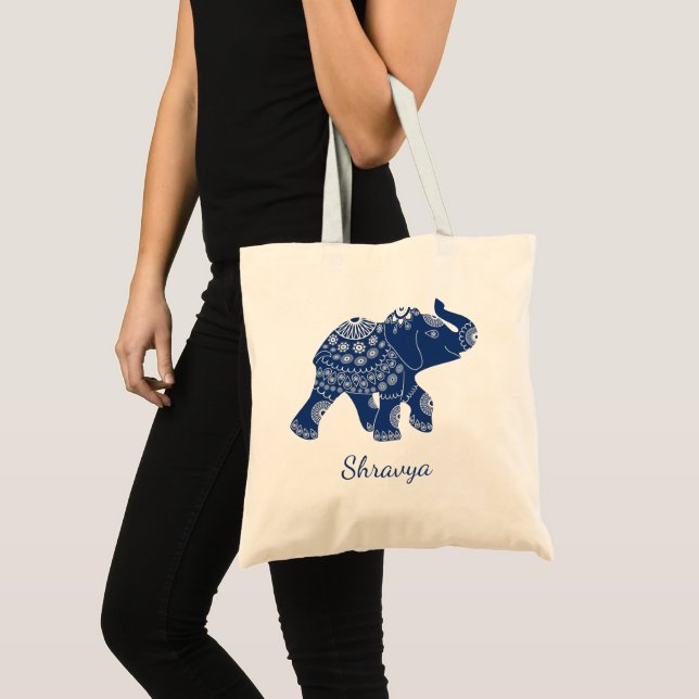 Jewelled Elephant in Royal Blue Personalised Tote Bag (Front (Product))