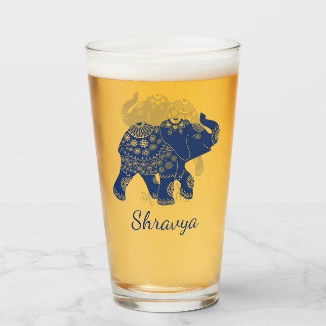 Jewelled Elephant Royal Blue Personalised Glass (Front Filled)