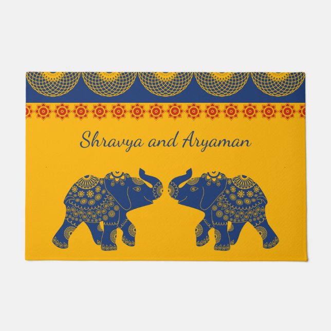 Jewelled Elephants, Golde and Blue Personalised Doormat (Front)