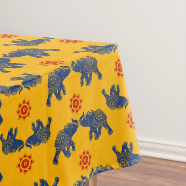 Jewelled Elephants Royal Blue, Red and Gold Tablecloth (In Situ)