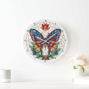 Jewelled Garden Stained Glass Butterfly Floral  Large Clock