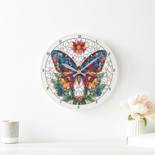 Jewelled Garden Stained Glass Butterfly Floral  Large Clock (Home)