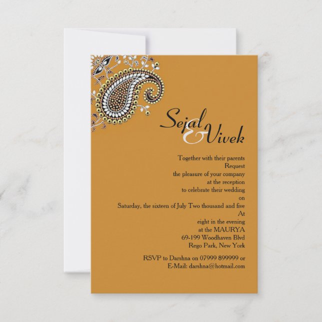 Jewelled Gold Silver Paisley Hindu Wedding Insert Invitation (Front)