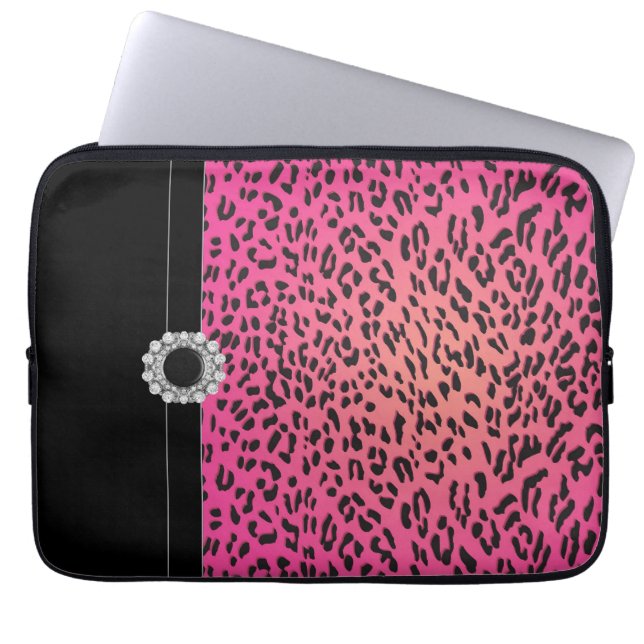Jewelled Hot Pink Leopard Laptop Cover Sleeve (Front)