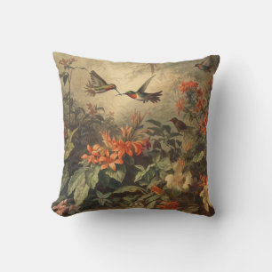 Jewelled Hummingbird & Tropical Bloom Throw Pillow