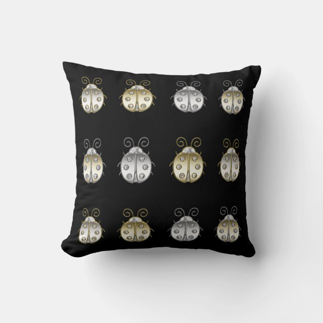 Jewelled Ladybugs Gold Silver Diamond Cushion (Front)