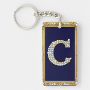 Jewelled Letter C Monogram in Ornate Gold Frame Key Ring