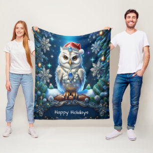 Jewelled Owl with Santa Hat Fleece Blanket