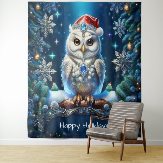 Jewelled Owl with Santa Hat Holiday Backdrop Tapestry (In Situ)