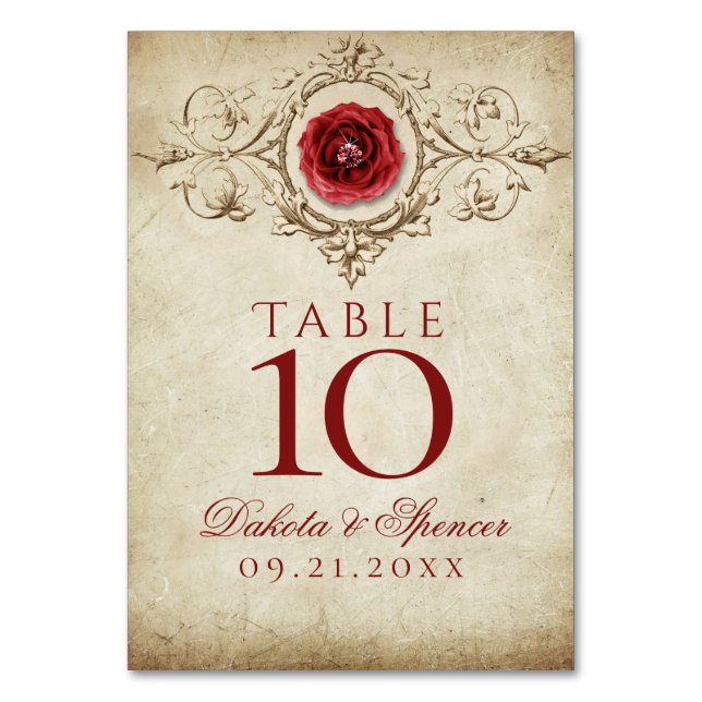 Jewelled Rose | Vintage Crimson Red Gem Grunge Table Number (Front)