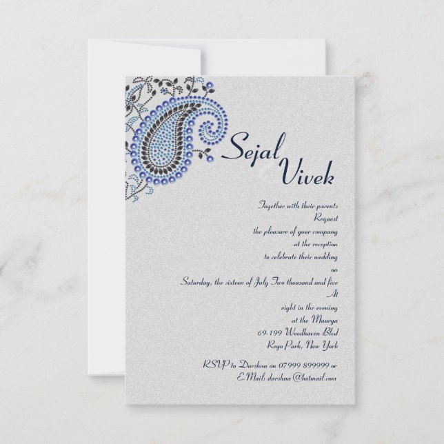 Jewelled Silver Blue Paisley Hindu Wedding Details Invitation (Front)