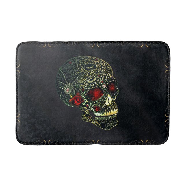 Jewelled Spider Skull & Roses Glam Gothic Filigree Bath Mat (Front)