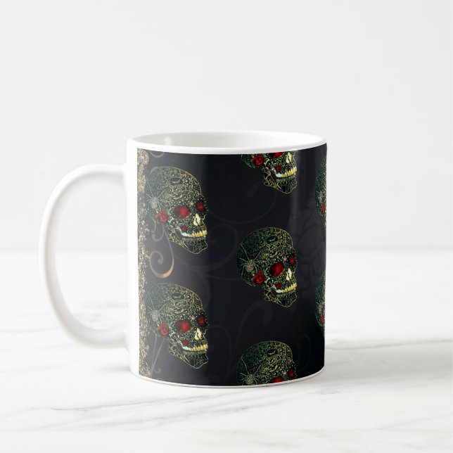 Jewelled Spider Skull & Roses Glam Gothic Filigree Coffee Mug (Left)