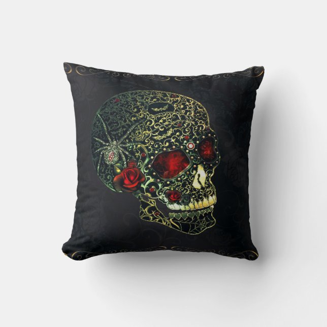 Jewelled Spider Skull & Roses Glam Gothic Filigree Cushion (Front)