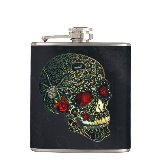 Jewelled Spider Skull & Roses Glam Gothic Filigree Hip Flask (Front)