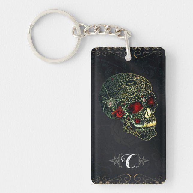 Jewelled Spider Skull & Roses Glam Gothic Filigree Key Ring (Front)