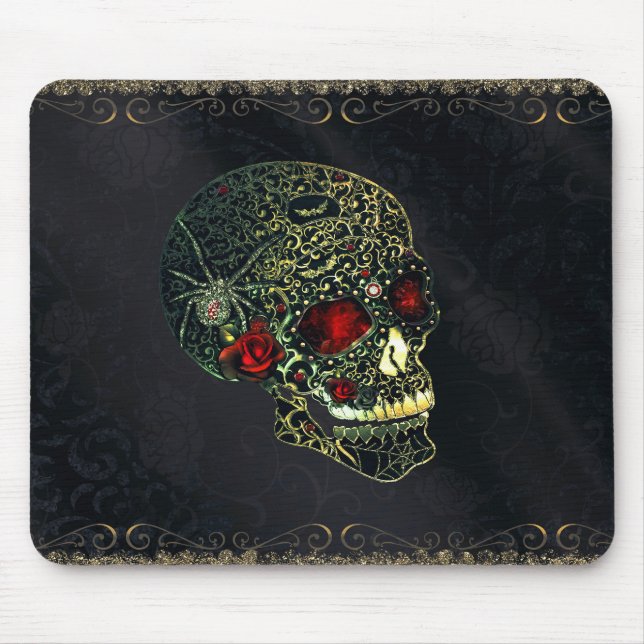 Jewelled Spider Skull & Roses Glam Gothic Filigree Mouse Mat (Front)