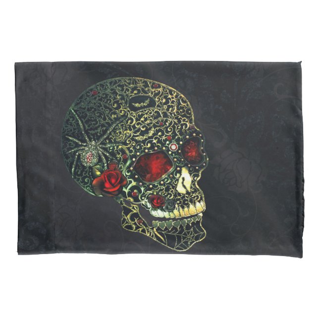 Jewelled Spider Skull & Roses Glam Gothic Filigree Pillowcase (Front)