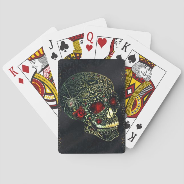 Jewelled Spider Skull & Roses Glam Gothic Filigree Playing Cards (Back)