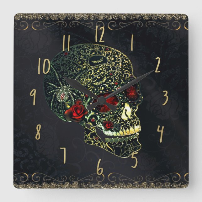 Jewelled Spider Skull & Roses Glam Gothic Filigree Square Wall Clock (Front)