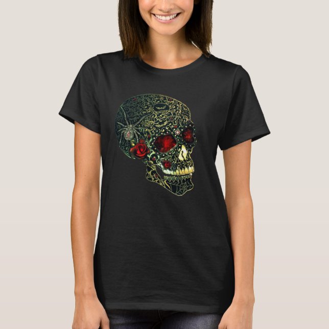 Jewelled Spider Skull & Roses Glam Gothic Filigree T-Shirt (Front)