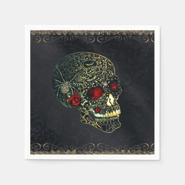 Jewelled Spider Skull & Roses Glam Gothic Party Napkin (Front)