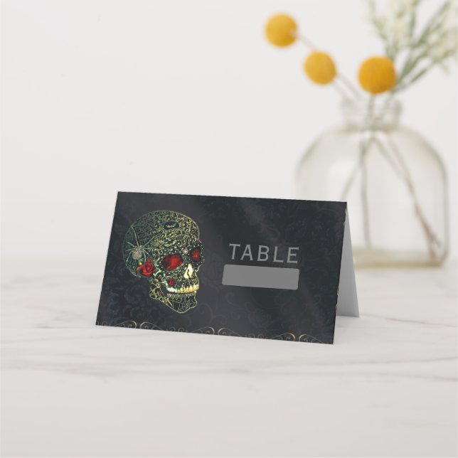 Jewelled Spider Skull & Roses Glam Gothic Party Place Card (Front)