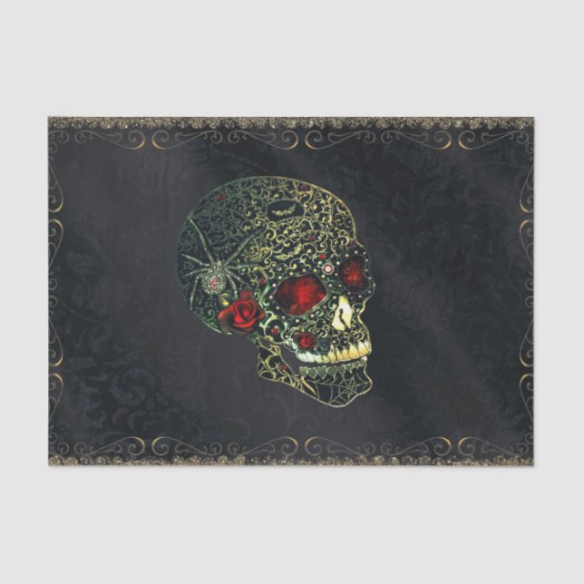 Jewelled Spider Skull & Roses Glam Gothic Party Tissue Paper (Front)