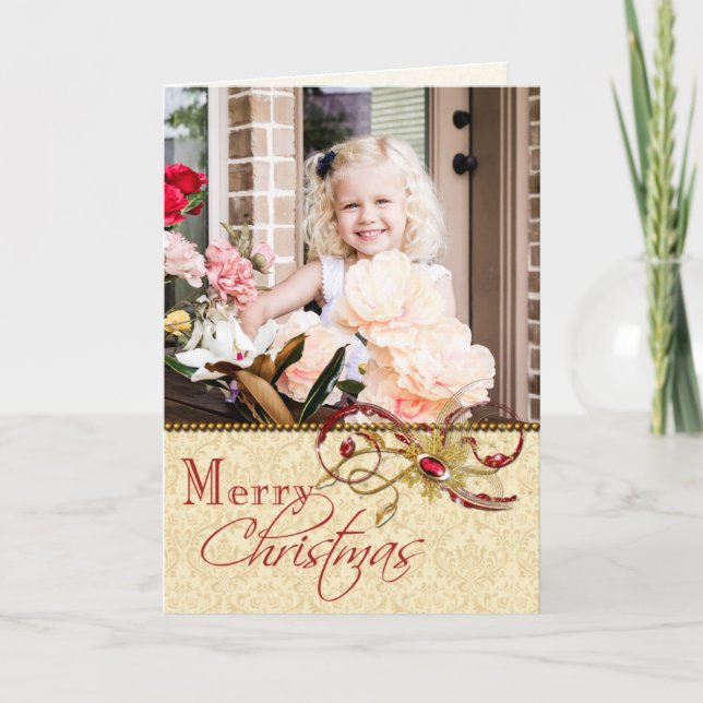 Jewelled Swirls and Damask Photo Christmas Card (Front)