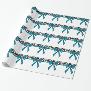 Jewelled Teal Bow Damask Holiday Wrapping Paper
