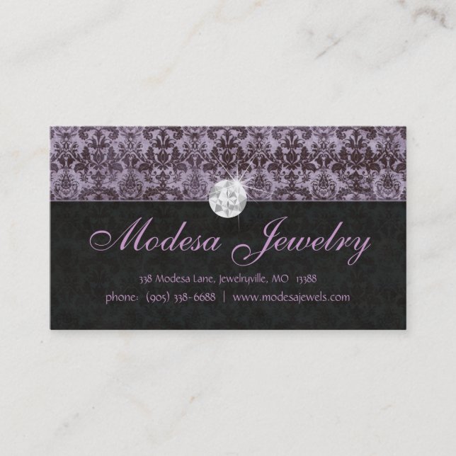 Jewellery Business Card Birthstones Damask Purple (Front)