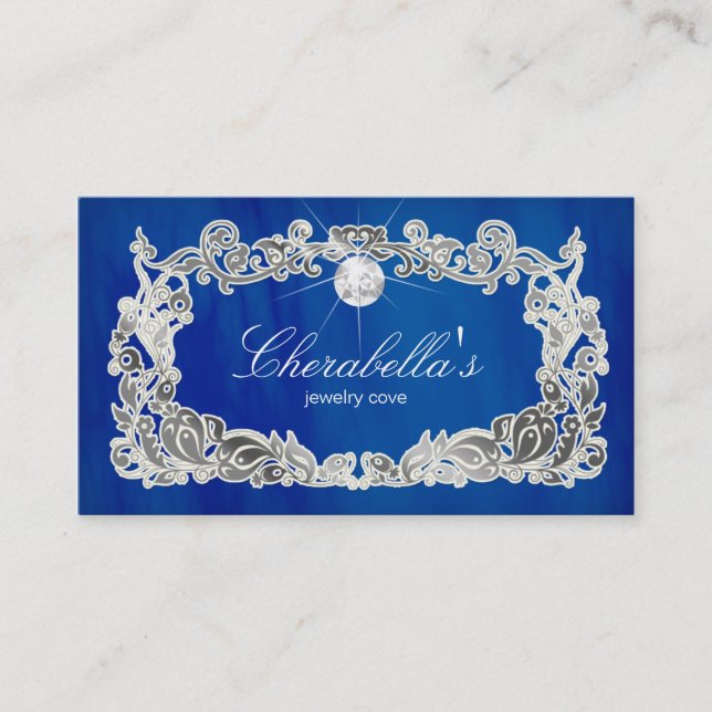 Jewellery Business Card Floral Blue Silver (Front)