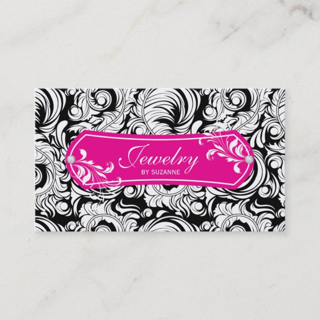 Jewellery Business Card Swirls Black Pink Gold (Front)