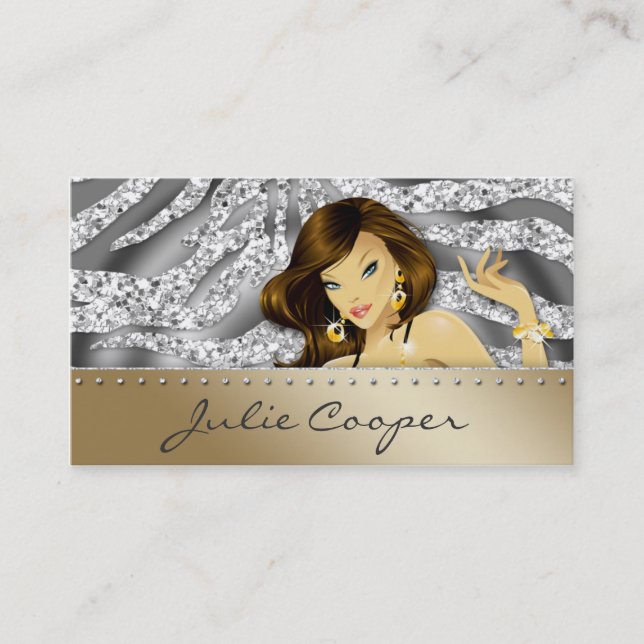 Jewellery Business Card Tanning Woman Zebra Silver (Front)