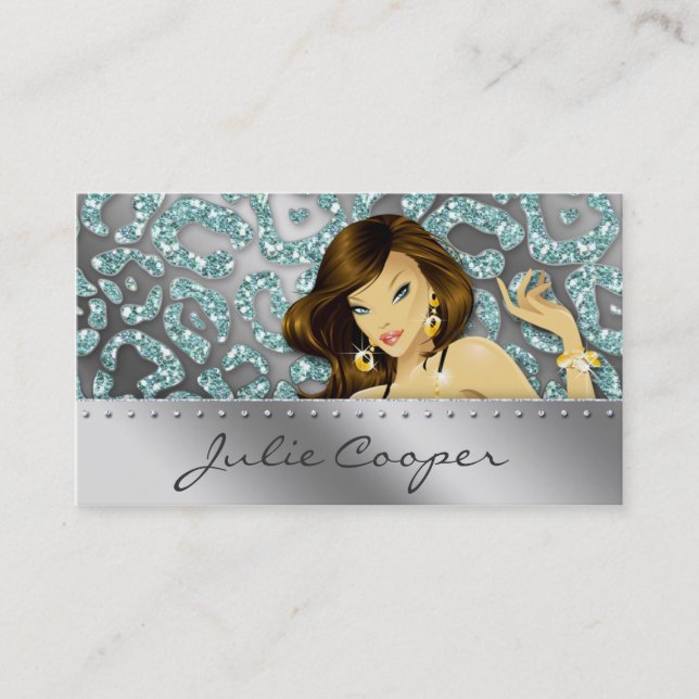 Jewellery Business Card Teal Woman Leopard Silver (Front)