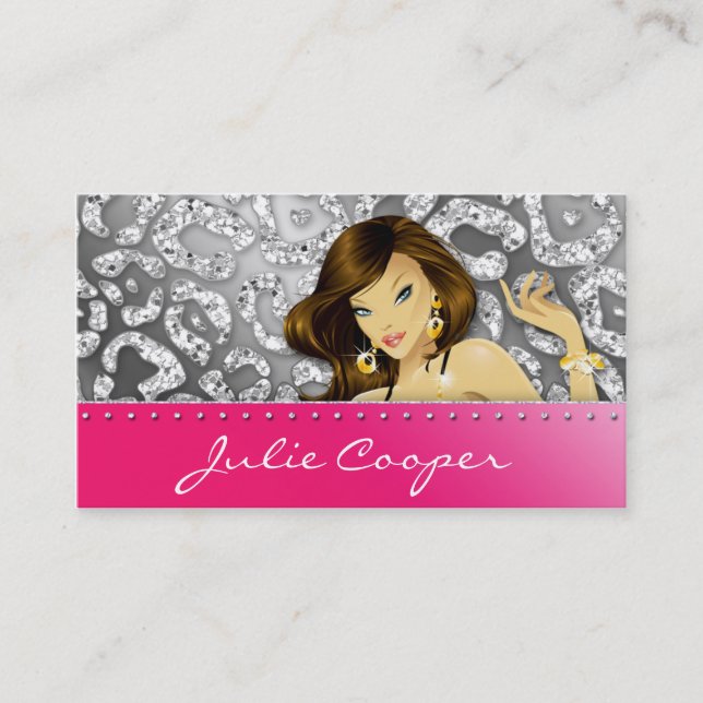 Jewellery Business Card Woman Leopard Pink Silver (Front)