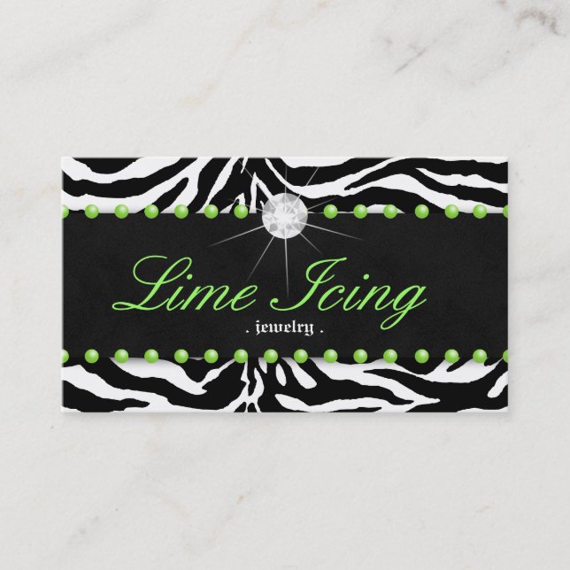 Jewellery Business Card Zebra Lime Dots Diamond (Front)