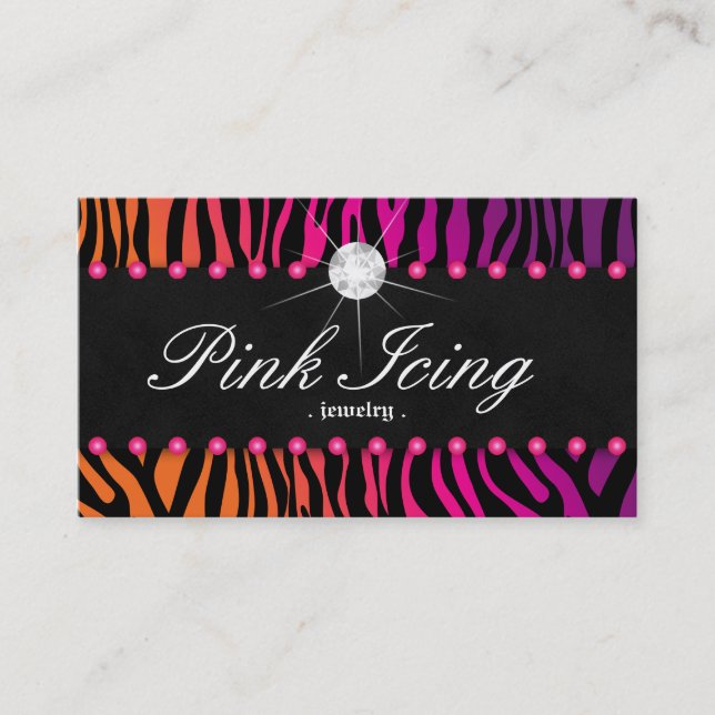 Jewellery Business Card Zebra Orange Purple Dots (Front)