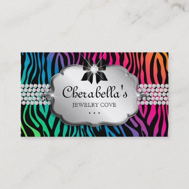 Jewellery Business Card Zebra Rainbow Bow Heart (Front)