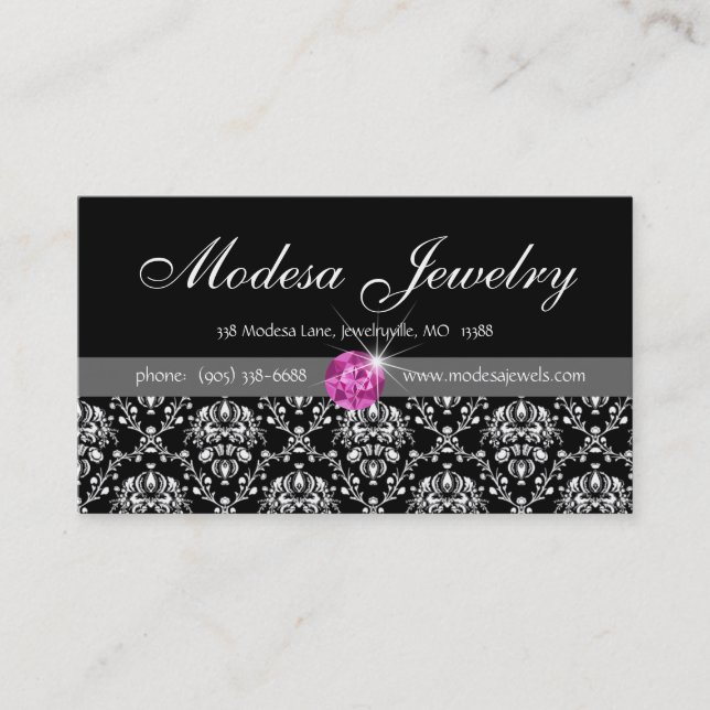 Jewellery Business Cards Birthstones Damask Pink (Front)