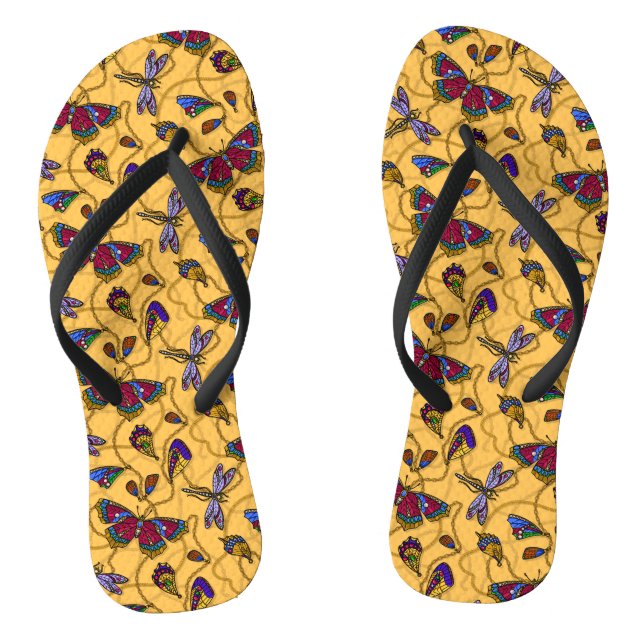 Jewellery butterflies and dragonflies on yellow flip flops (Footbed)